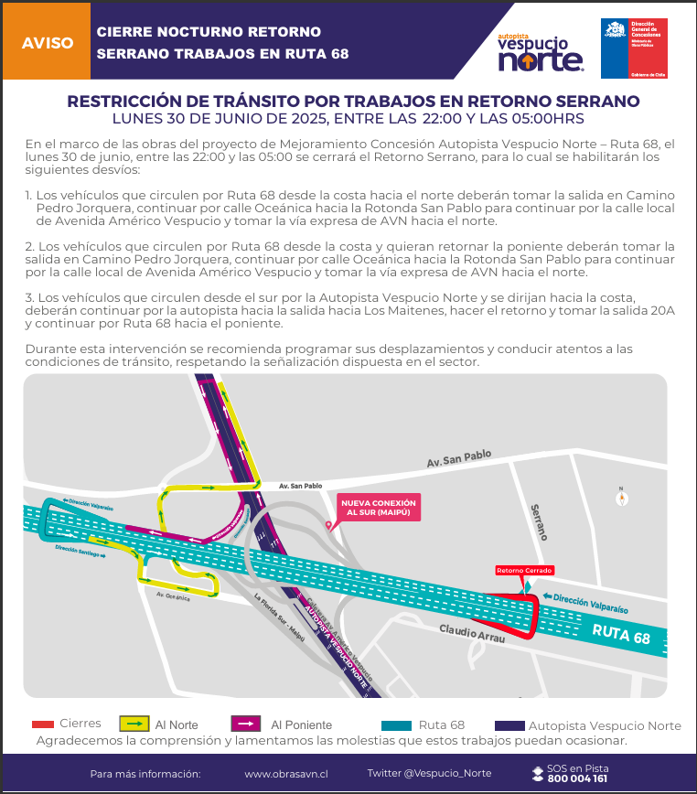 ⚠️Durante la noche del día LUN 30 de JUNIO

Corte de Tránsito en Retorno Vial #Serrano, Sector #Ruta68 con #Serrano , por obras de pavimentación.

#PrefieraAlternativas #Atención a la señalización del lugar

<a href="/mop_chile/">Ministerio de Obras Públicas🇨🇱</a> <a href="/Autop68/">Rutas del Pacífico</a> <a href="/TTISantiago/">TransporteInforma Región Metropolitana De Santiago</a> <a href="/radiocarab/">Carabineros Radio</a>