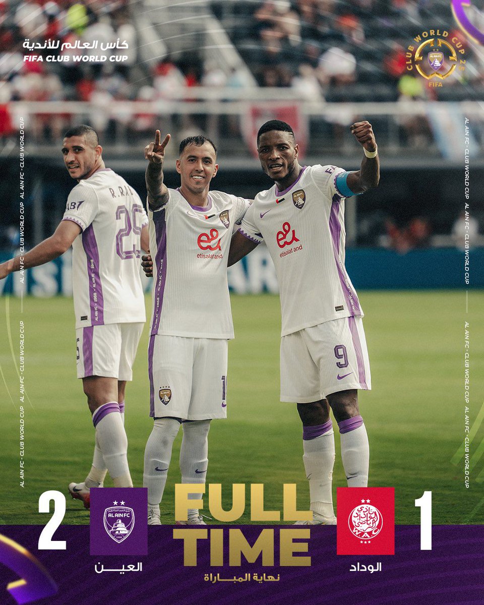 Hattrick_pe's tweet photo. ELIMINACION CON HONOR 

Al Ain🟣 (que ya esta eliminado) gano 2-1 su duelo contra el Wydad🔴 AC que tmb ya esta eliminado, quedandose como tercero del grupo G.

#AlAin #WydadAC #MundialDeClubes2025 #eliminados 

@Marchepv https://t.co/gXuMyHt4JG