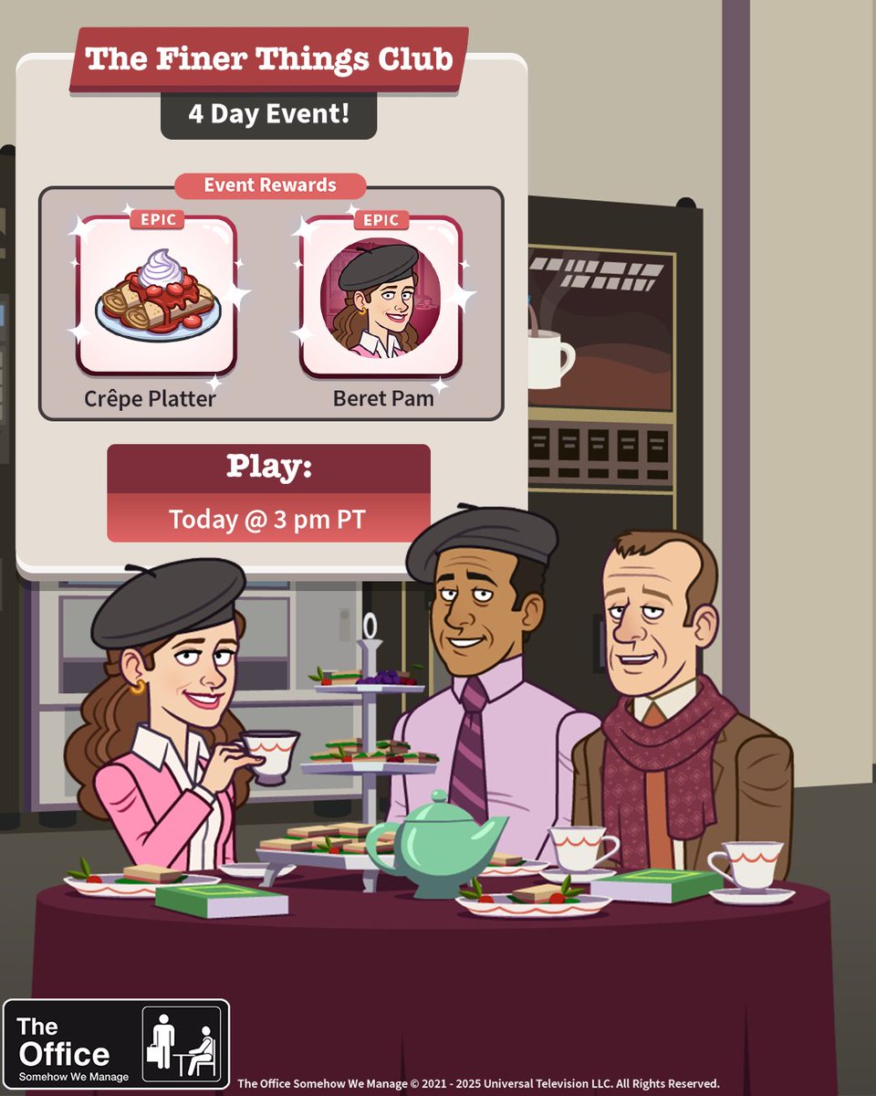 The Finer Things Club Event is live NOW! Don't be shut out of the swankiest club at Dunder Mifflin like Andy! 🎩

Play for a chance to win two NEW in-game rewards: the CRÊPE PLATTER decor and the BERET PAM avatar!