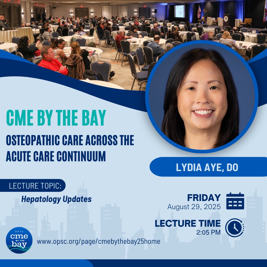 CME By The Bay Speaker Highlight: Dr. Lydia Aye, DO
 📍 Lecture: Hepatology Updates
 🗓️ August 29–31, 2025
 📌 Hyatt Regency Monterey Hotel &amp; Spa | Monterey, California

🔗 Register now: bit.ly/4dQk7eK

#OPSC2025 #CMEbytheBay #DOproud #OsteopathicMedicine