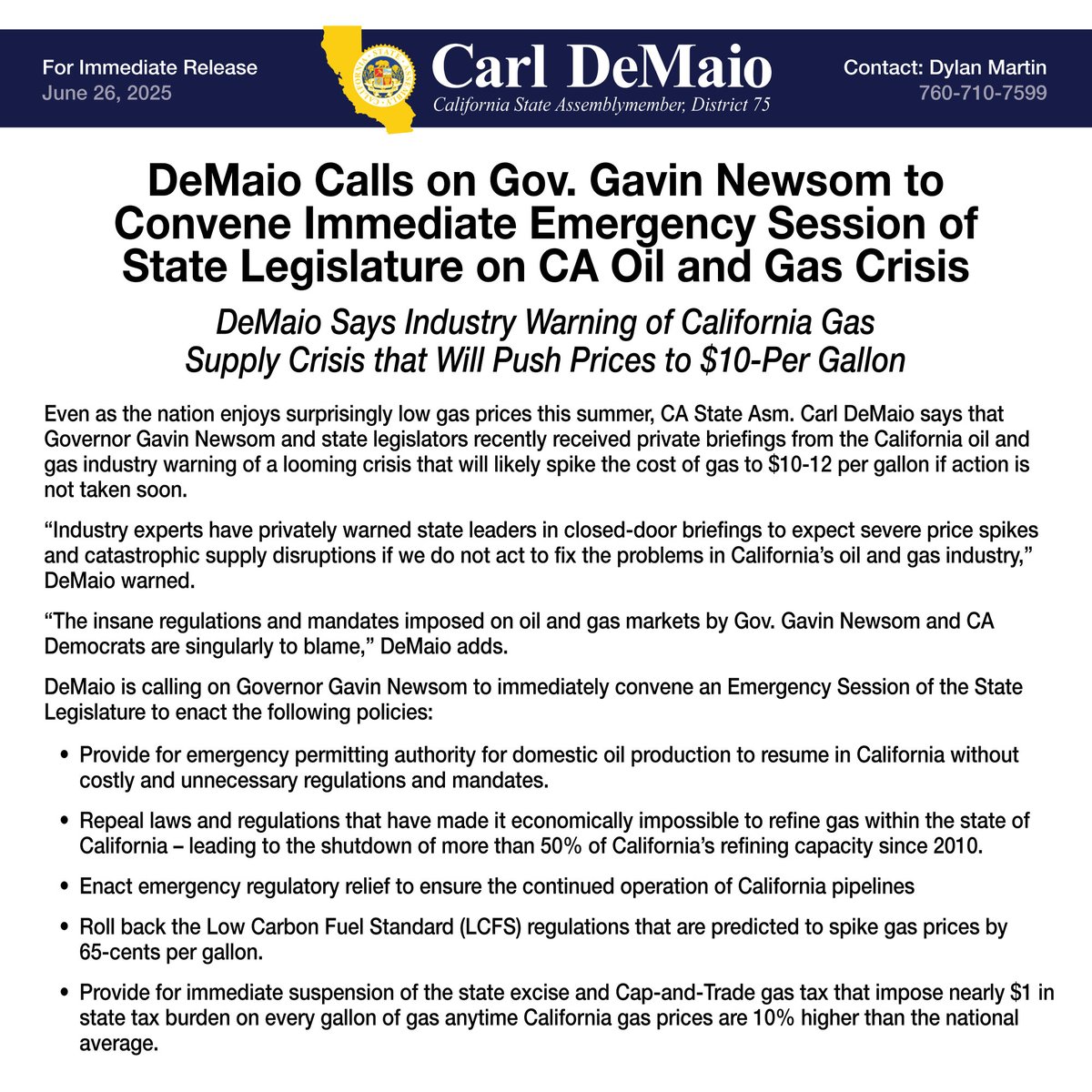 AsmDeMaioOffice's tweet image. CA Asm. Carl DeMaio calls for an Emergency Session of the State Legislature on CA Oil and Gas Crisis:
