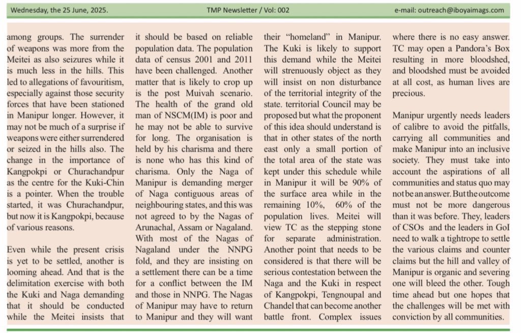 tmpacademics's tweet photo. 📰 TMP Newsletter
“Trouble Comes in Three” by Dr. RK Nimai
A sharp take on the unfolding crises in Manipur—three fronts, one struggle.
#TMPNewsletter #ManipurCrisis #RKNimai #NortheastIndia https://t.co/iLNHKD2Jof