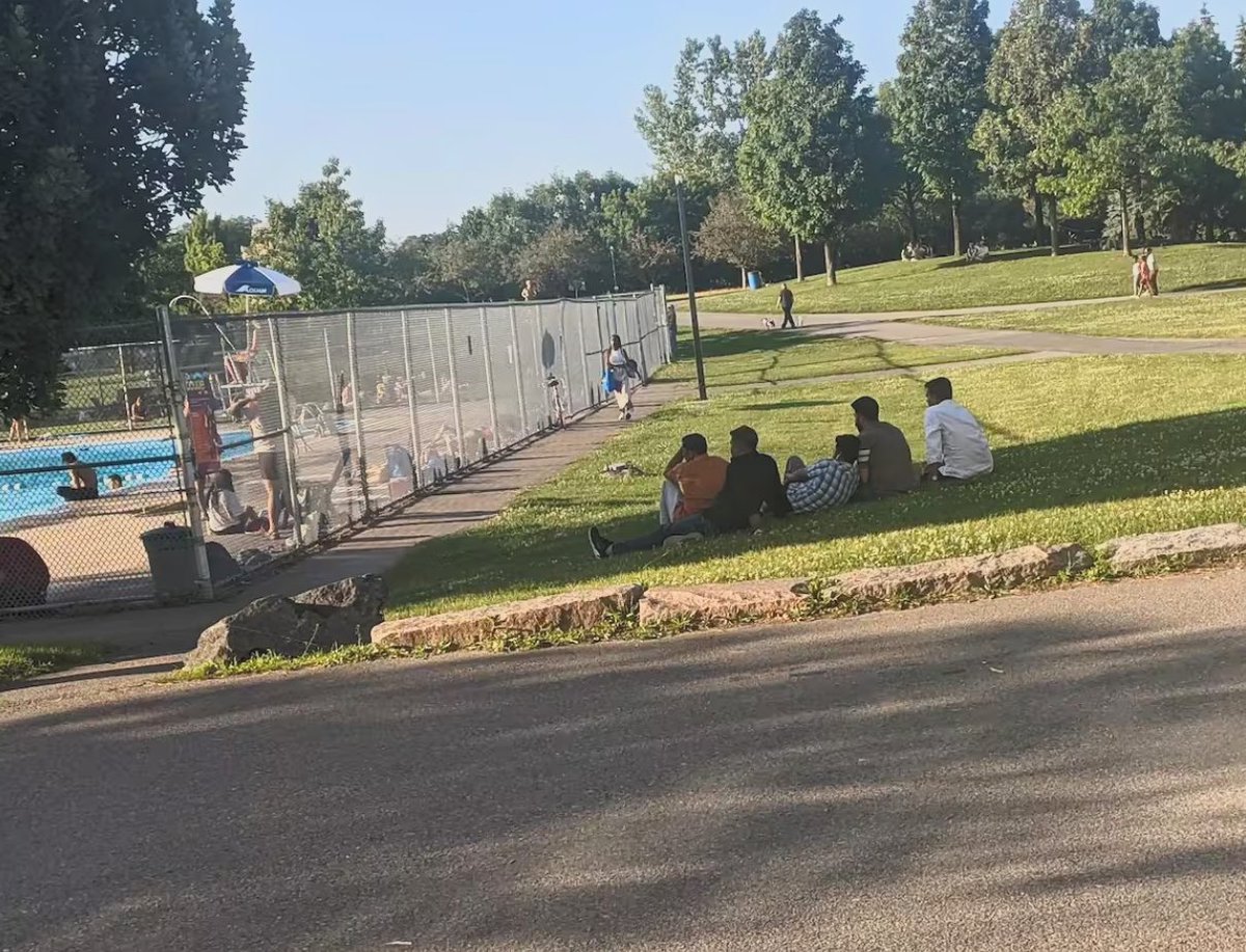 guillaum3roy's tweet photo. Un groupe de cinq hommes entièrement vêtus se rend régulièrement à la piscine publique extérieure du parc Jarry, à Montréal, pour observer les femmes en maillot de bain et prendre des photos. Parfois, ils se moquent des femmes dans la piscine ou leur crient dessus.

@SPVM a été informé, mais ignore la situation.