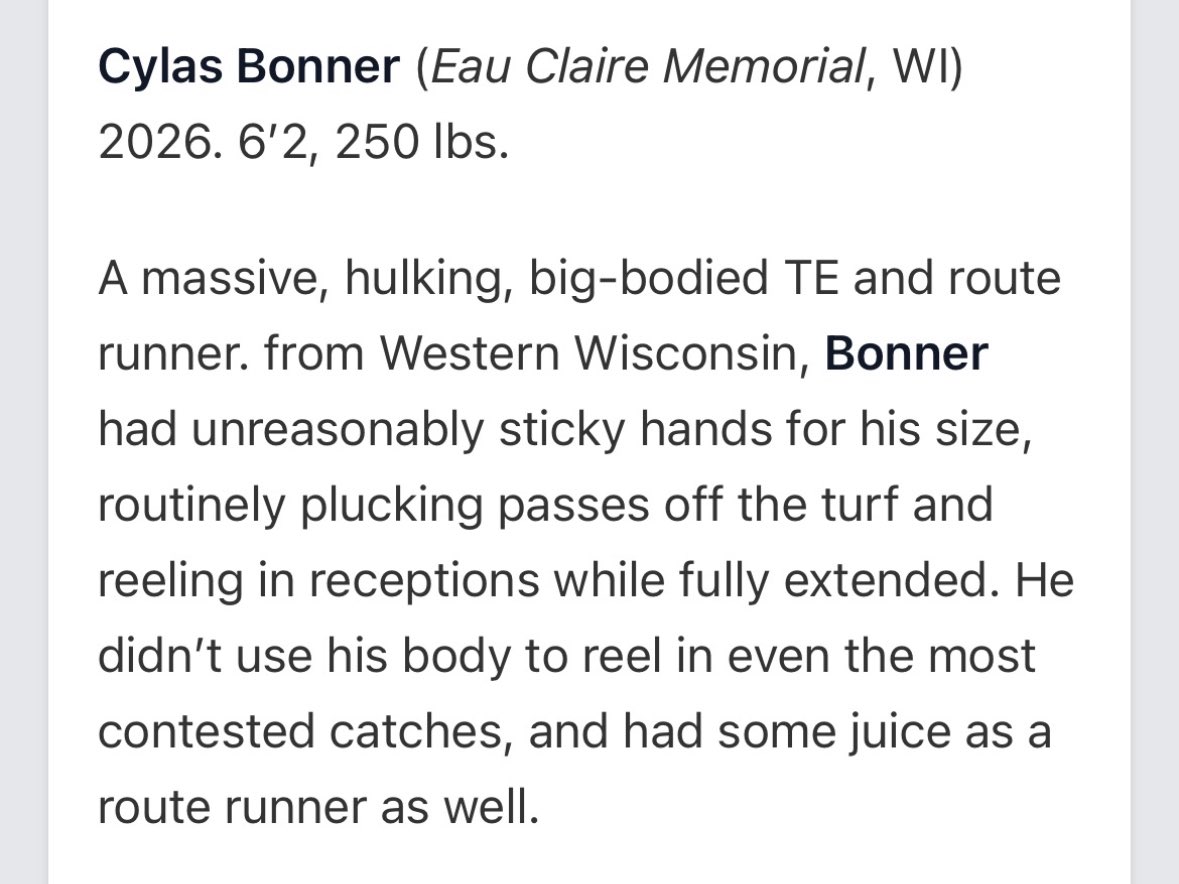 Cylas Bonner (@editsytfla64121) on Twitter photo Thank you! <a href="/PrepRedzoneWI/">Prep Redzone Wisconsin</a> <a href="/OJW_Scouting/">PrepRedzone Oliver</a> for the write up! Means a lot. As well thank you <a href="/UNDfootball/">North Dakota Football</a> for naming me 1st team TE at camp. Thank you! <a href="/PrepRedzoneWI/">Prep Redzone Wisconsin</a> <a href="/OJW_Scouting/">PrepRedzone Oliver</a> for the write up! Means a lot. As well thank you <a href="/UNDfootball/">North Dakota Football</a> for naming me 1st team TE at camp.
