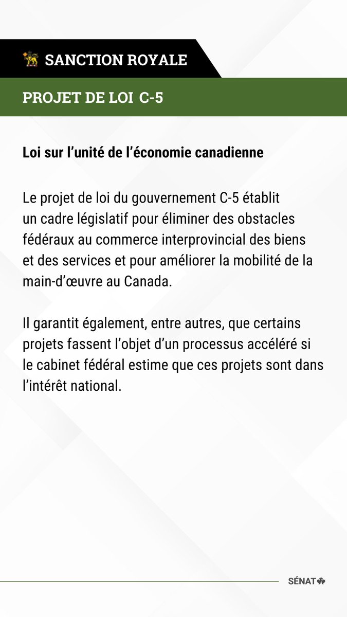 Le Sénat du Canada (@senatca) on Twitter photo Son Excellence la <a href="/CanadaGG/">Gouverneur général du Canada</a> a accordé la sanction royale au projet de loi #C5, qui entrera en vigueur dès que la <a href="/CdcChambre/">En Chambre</a> en aura été avisée : ow.ly/omQU50WgY8y
#SenCA #PolCan Son Excellence la <a href="/CanadaGG/">Gouverneur général du Canada</a> a accordé la sanction royale au projet de loi #C5, qui entrera en vigueur dès que la <a href="/CdcChambre/">En Chambre</a> en aura été avisée : ow.ly/omQU50WgY8y
#SenCA #PolCan