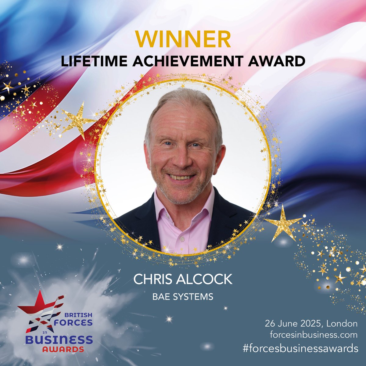 Tonight’s final honour, the Lifetime Achievement Award sponsored by HALO International, goes to… Chris Alcock of BAE Systems. Outstanding work, Chris #ForcesBusinessAwards
