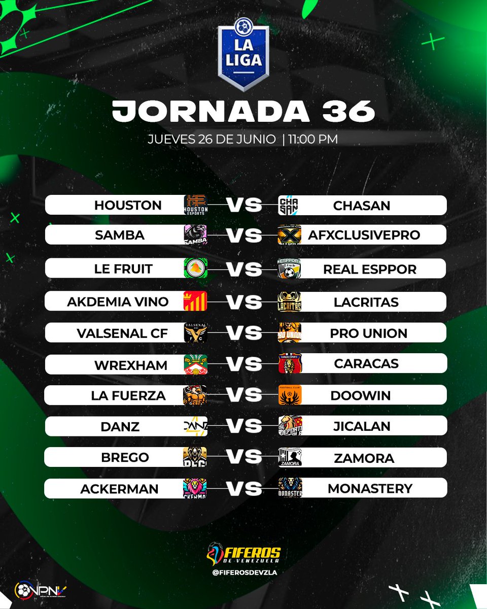 Fiferos de Venezuela (@fiferosdevzla) on Twitter photo #NotiFDV "SEMANA 8" 🤼🏽♂️ Hoy sigue la emoción de #LALIGAVPNV <a href="/VPNGlobal/">Virtual Pro Network</a> #CROSSPLAY donde conoceremos quien será el líder de la semana nueve #EAFC25
🗓️ VPNV 🇻🇪│ 🏆 LA LIGA - Fecha 18 - <a href="/LVFVirtual/">Liga Virtual de Fútbol Venezolano</a>
🏟️Jornada 35
⌚️ 10:30 PM
🏟️Jornada 36
⌚️ 11:00 PM #NotiFDV "SEMANA 8" 🤼🏽♂️ Hoy sigue la emoción de #LALIGAVPNV <a href="/VPNGlobal/">Virtual Pro Network</a> #CROSSPLAY donde conoceremos quien será el líder de la semana nueve #EAFC25
🗓️ VPNV 🇻🇪│ 🏆 LA LIGA - Fecha 18 - <a href="/LVFVirtual/">Liga Virtual de Fútbol Venezolano</a>
🏟️Jornada 35
⌚️ 10:30 PM
🏟️Jornada 36
⌚️ 11:00 PM