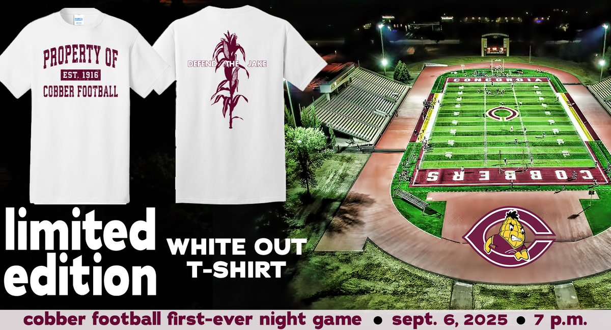 𝟭𝟭 𝗗𝗔𝗬𝗦 𝗟𝗘𝗙𝗧!
Only 11 more days to get your limited edition Cobber football t-shirt to commemorate the first-ever night game on Sept. 6. Be ready for the "White Out" game! Hurry - the store closes on July 7!

Get your t-shirt:  tinyurl.com/mr3v7cwa