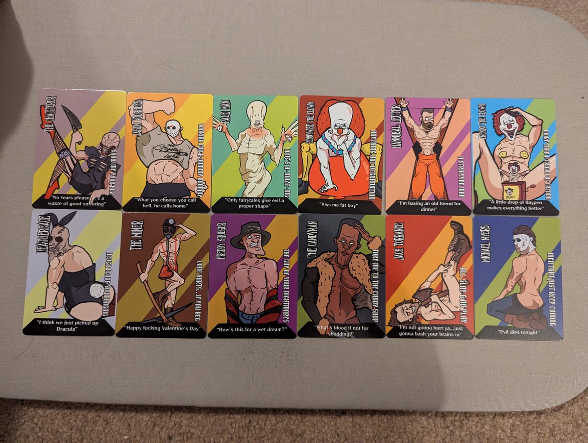 CultNobody's tweet image. ALL KILLER NO FILLER mystery packs available for $7 each (plus $1 shipping so $8 total if I'm shipping) 
Each pack comes with 5 mystery cards out of the 12 total designs! 
If you want any hmu either in the comments below or DM me! If these do well I have some secret project ideas