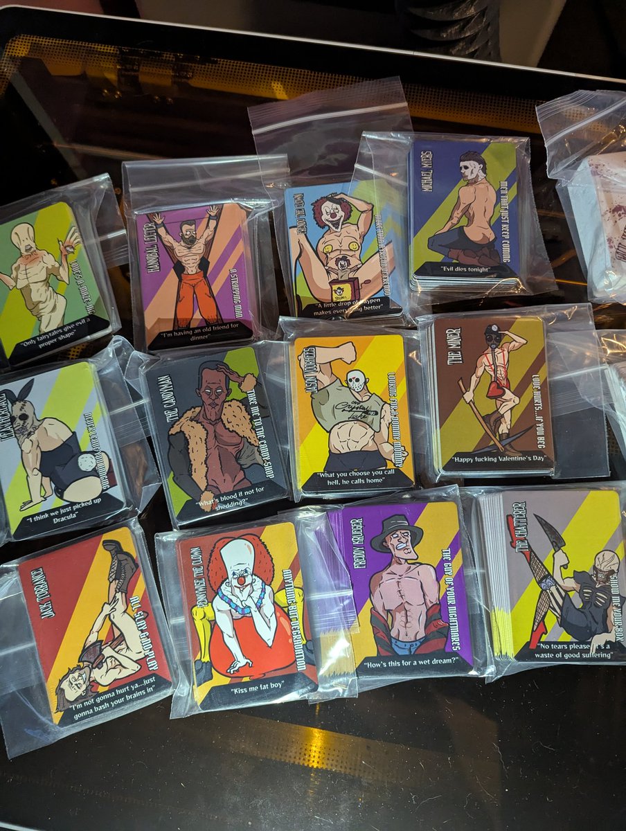 CultNobody's tweet image. ALL KILLER NO FILLER mystery packs available for $7 each (plus $1 shipping so $8 total if I'm shipping) 
Each pack comes with 5 mystery cards out of the 12 total designs! 
If you want any hmu either in the comments below or DM me! If these do well I have some secret project ideas