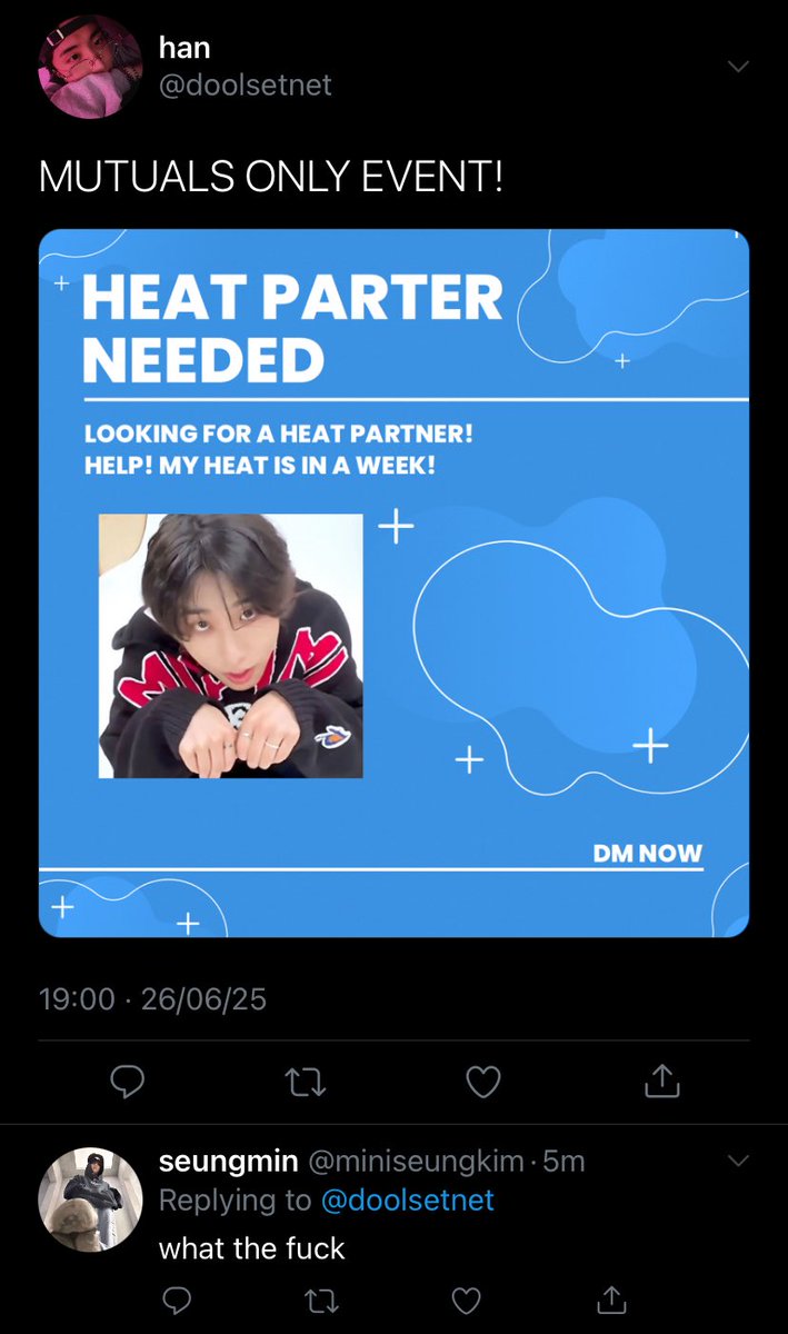 🐱🐹 #mnsvng au
sung is looking for a heat partner. hyunjn knows a guy.