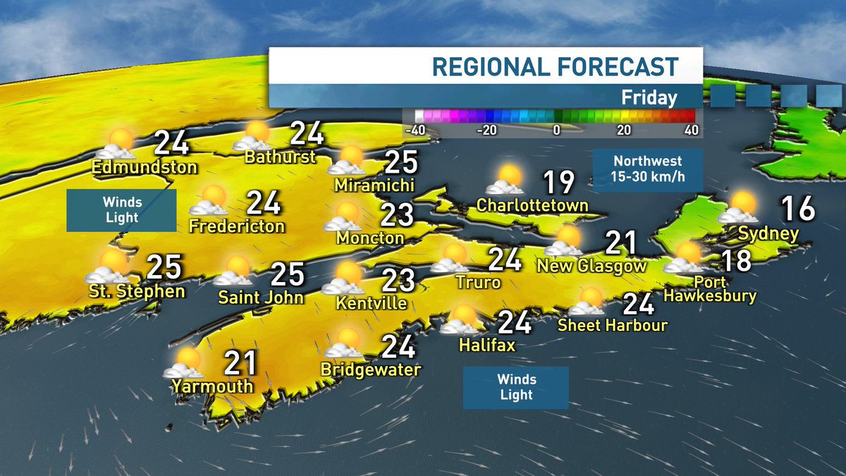 ryansnoddon's tweet image. A nice Friday across the Maritimes.
Showers roll in throughout the day Saturday with steadier rain & t-storms in the southwest on Saturday night.
Lingering clouds and shower chances for Sunday.
More details and timeline:
NS: youtube.com/live/aOcs_AWfa…
NB: cbc.ca/player/play/vi…