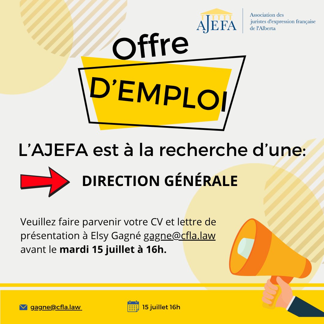 Prenez connaissance de l’offre pour le poste de direction générale de l’Association des juristes d’expression française de l’Alberta en cliquant sur le lien suivant : ajefa.ca/fichiers/docum…
Date limite pour postuler : 15 juillet 2025
#frab