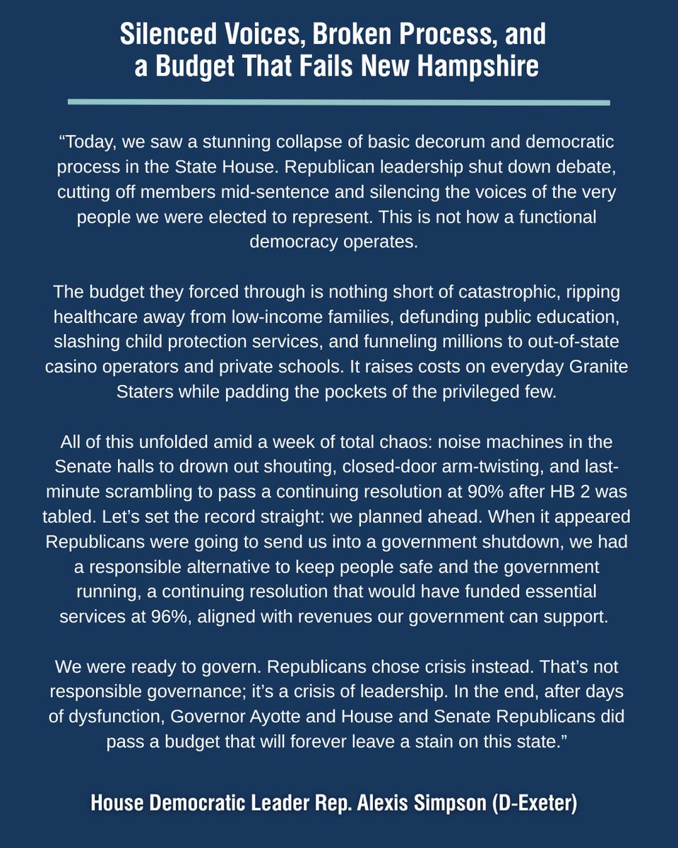 We were ready to govern. <a href="/NHGOP/">New Hampshire Republican Party</a> chose crisis instead. In the end, after days of dysfunction, Governor Ayotte and House and Senate Republicans did pass a budget that will forever leave a stain on this state. #NHPolitics