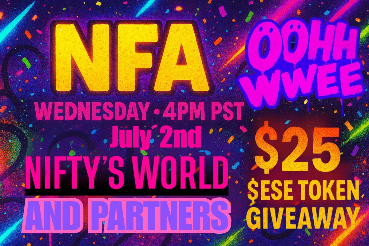 NFA x Nifty’s World &amp; PARTNERS
🗓️07.02.25 @ 4pm PST

🎁 $25 in $ESE token giveaway
TO WIN: 

♻️REPOST &amp; TAG 3

FOLLOW
<a href="/NFA_Inc/">Non-Fungible Art Inc</a>
<a href="/NiftysWorld/">NiftysWorld</a>
<a href="/CRYPTOHOMIES_/">CRYPTO HOMIES CLUB</a>
<a href="/oohhwwee/">OOHHWWEE</a>
<a href="/ADigitalWorld_/">A Digital World</a>
<a href="/SidneyRichlin/">Nifty Vicious</a>
<a href="/TheHomieMrGreen/">🔰𝖒𝖗 𝖌𝖗𝖊𝖊𝖓 ✨𝖙𝖍𝖊 𝖍𝖔𝖒𝖎𝖊✨</a>
&amp; ALL ON STAGE

👇GOT 2 BE HERE TO WIN
x.com/i/spaces/1YqJD…