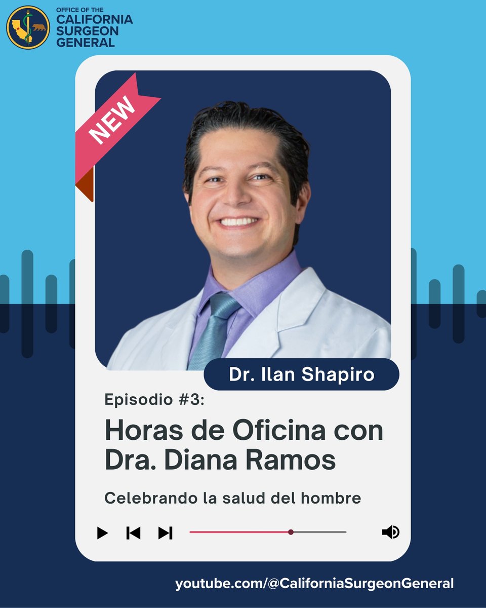 Office of the California Surgeon General (@ca_osg) on Twitter photo Horas de Oficina con la cirujana General de California 🩺
En este episodio con <a href="/dr_shaps/">Ilan Shapiro MD</a>, nos enfocamos en el bienestar de los padres. Padres saludables ayudan a construir familias fuertes.
Escucha ahora y comparte con tu familia y los padres en tu vida: youtube.com/watch?v=YbeR-6… Horas de Oficina con la cirujana General de California 🩺
En este episodio con <a href="/dr_shaps/">Ilan Shapiro MD</a>, nos enfocamos en el bienestar de los padres. Padres saludables ayudan a construir familias fuertes.
Escucha ahora y comparte con tu familia y los padres en tu vida: youtube.com/watch?v=YbeR-6…