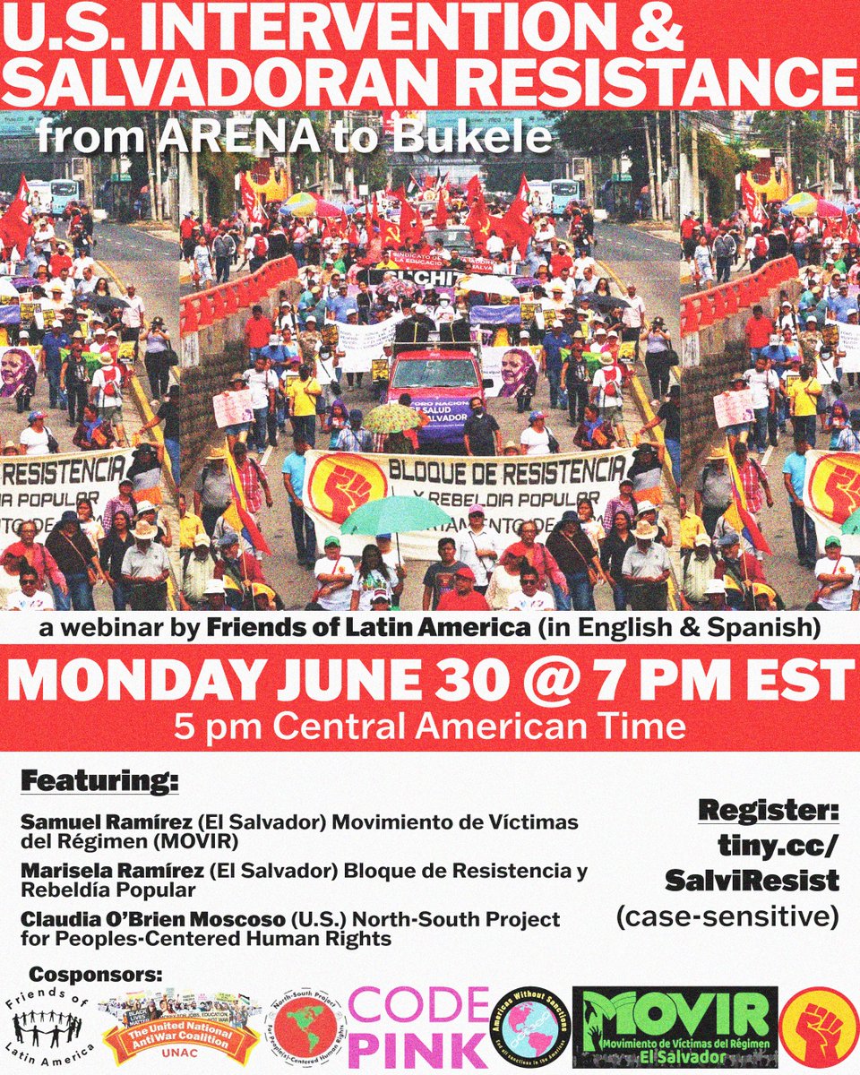 Rights Action (@rightsaction) on Twitter photo MONDAY June 30th join <a href="/FriendsLatinAm/">Friends of Latin America</a> and more for a webinar:
US intervention and Salvadoran resistance: from ARENA to Bukele
friendsoflatinamerica.org/2025/06/23/fro…
Register & join here: us06web.zoom.us/webinar/regist… MONDAY June 30th join <a href="/FriendsLatinAm/">Friends of Latin America</a> and more for a webinar:
US intervention and Salvadoran resistance: from ARENA to Bukele
friendsoflatinamerica.org/2025/06/23/fro…
Register & join here: us06web.zoom.us/webinar/regist…