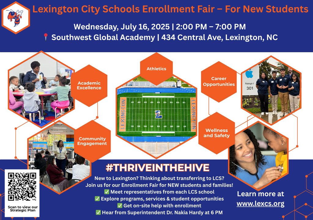 We’re thrilled your child will be attending one of our amazing schools!  Join us for the LCS Enrollment Fair for New Students!
July 16 | 2–7 PM
📍 Southwest Global Academy
🌐 lexcs.org
#ThriveInTheHive #LexingtonNC #EnrollLCS