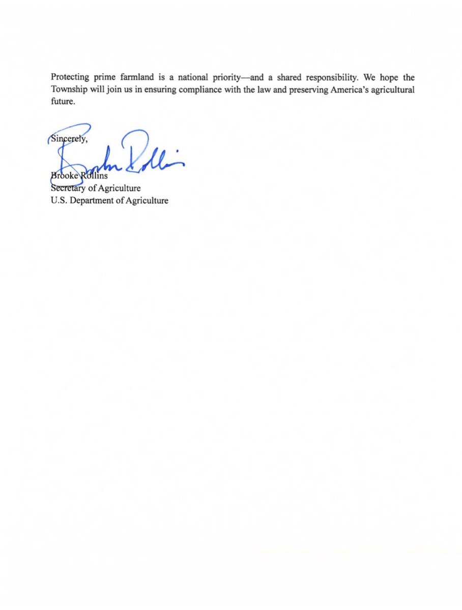 Secretary Brooke Rollins (@secrollins) on Twitter photo Henry Farm Update:
Just signed a letter to Cranbury Township, NJ, urging them to halt the seizure of a 175-year-old family farm. <a href="/USDA/">Dept. of Agriculture</a> has certified this land as 100% prime farmland. If federal funds are involved, this project and seizure plan is out of compliance with the law. Henry Farm Update:
Just signed a letter to Cranbury Township, NJ, urging them to halt the seizure of a 175-year-old family farm. <a href="/USDA/">Dept. of Agriculture</a> has certified this land as 100% prime farmland. If federal funds are involved, this project and seizure plan is out of compliance with the law.