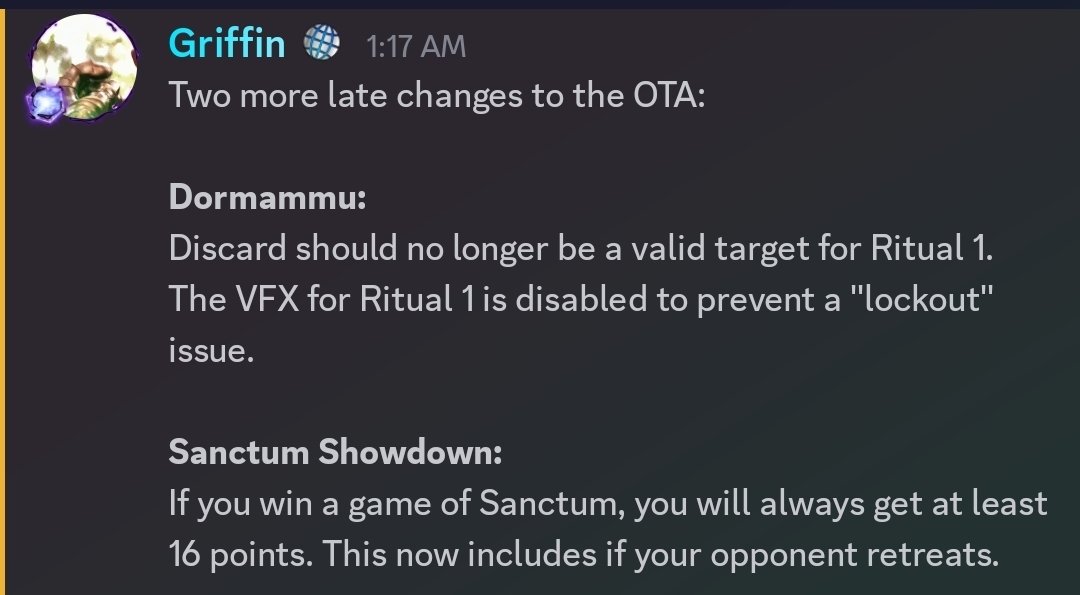 SD has made it so in Sanctum if your opponent retreats you are always guaranteed to get 16 charms.

They also fixed the Dormammu discard bug and disabled ritual 1 VFX to prevent the lockout bug.