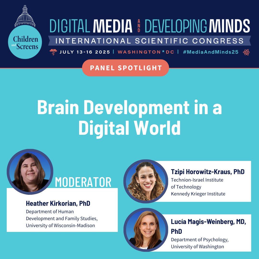 Children and Screens (@childrenscreens) on Twitter photo How are young brains responding to #DigitalMedia — and how is it affecting youth development?
<a href="/TzipiKraus/">Tzipi Horowitz-Kraus, PhD</a> and others will discuss brain development in a digital world at #MediaAndMinds25.
Four days left for standard registration! Sign up now: childrenandscreens.org/registration25/ How are young brains responding to #DigitalMedia — and how is it affecting youth development?
<a href="/TzipiKraus/">Tzipi Horowitz-Kraus, PhD</a> and others will discuss brain development in a digital world at #MediaAndMinds25.
Four days left for standard registration! Sign up now: childrenandscreens.org/registration25/