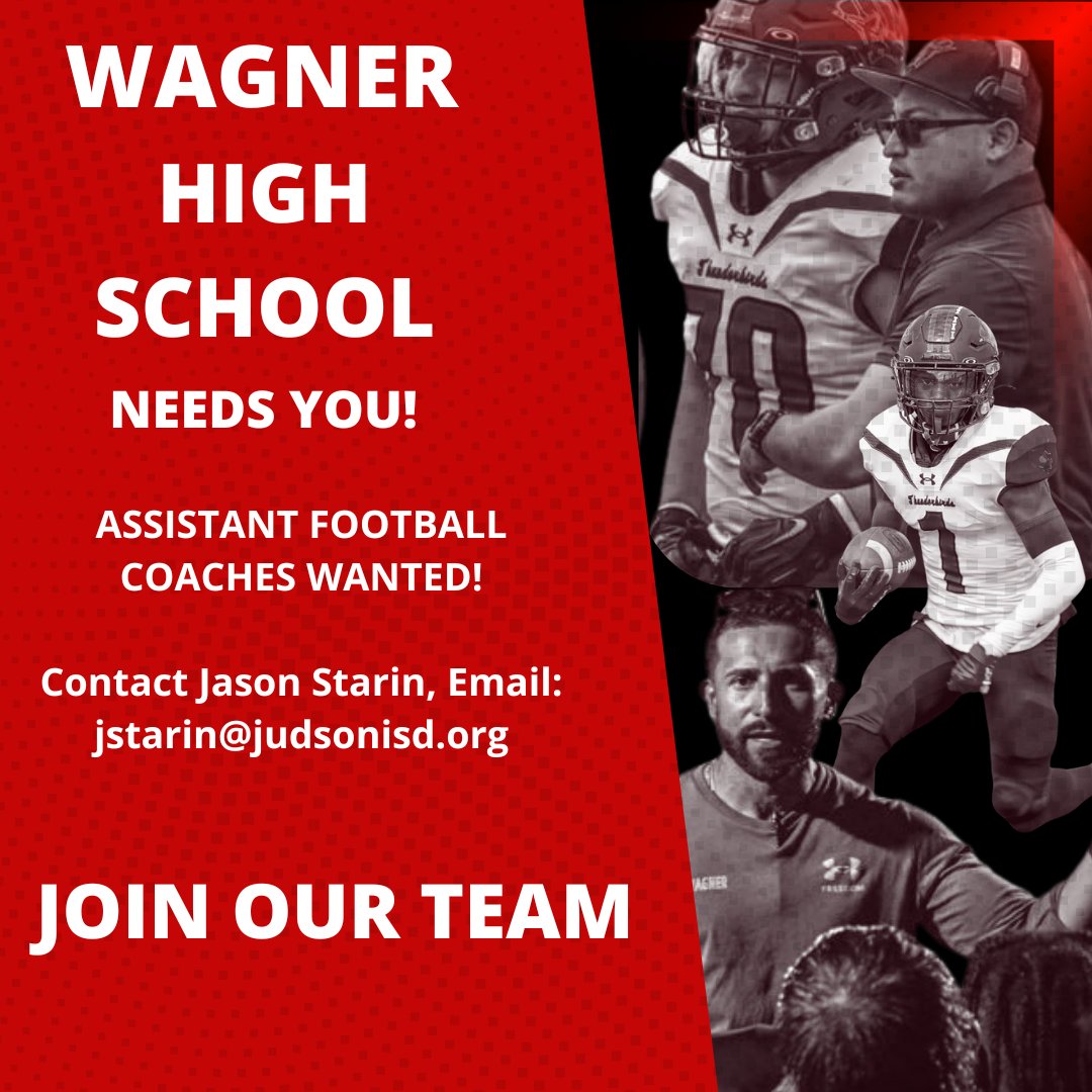 Coach Starin (@coachstarin) on Twitter photo Wagner HS -SATX has Assistant Football Coach openings (Science/SPED). Looking for RB, Corners, or best fit! Unique position does not include coaching a 2nd sport‼️
= More family time /
attend clinics in the spring⁉️
📧 jstarin@judsonisd.org
<a href="/KarenWagnerHSFB/">Wagner T-Bird Football</a> <a href="/THSCAcoaches/">THSCA</a> Wagner HS -SATX has Assistant Football Coach openings (Science/SPED). Looking for RB, Corners, or best fit! Unique position does not include coaching a 2nd sport‼️
= More family time /
attend clinics in the spring⁉️
📧 jstarin@judsonisd.org
<a href="/KarenWagnerHSFB/">Wagner T-Bird Football</a> <a href="/THSCAcoaches/">THSCA</a>