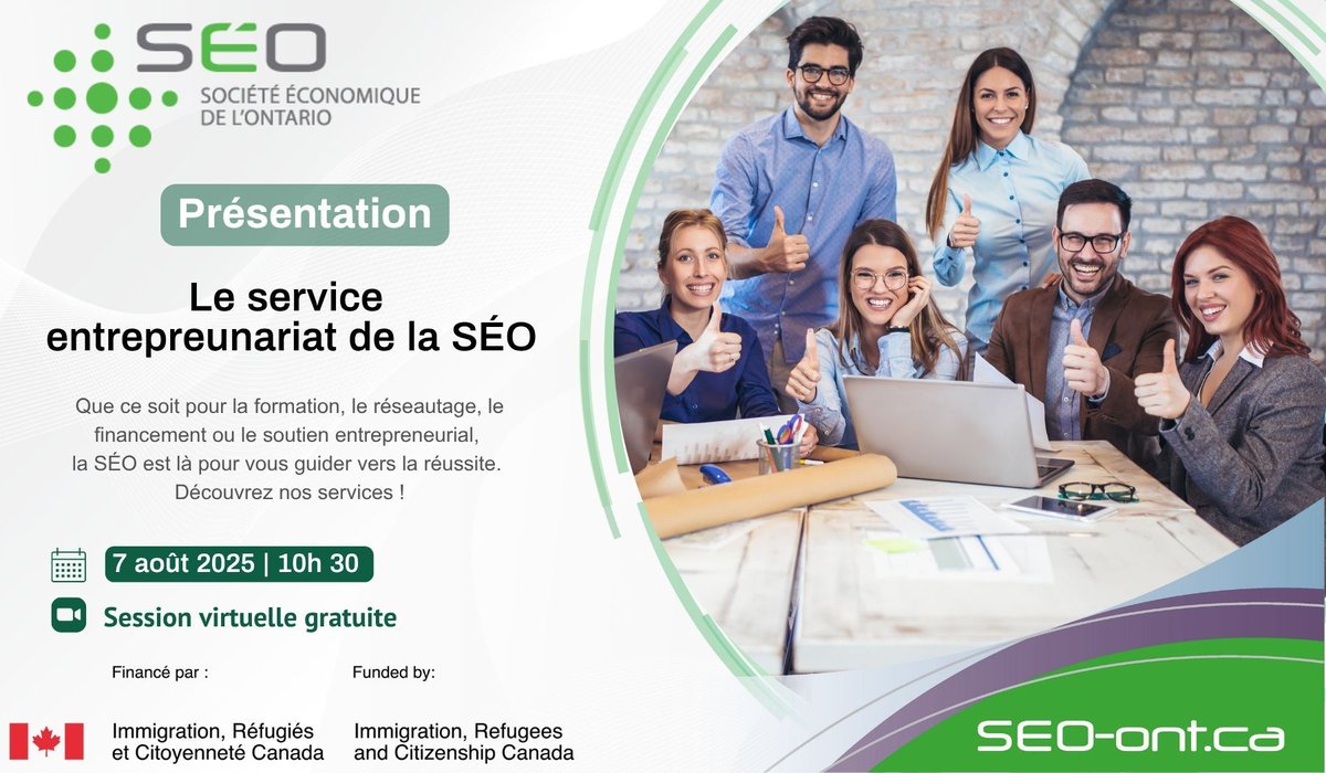 📣 Présentation du service Entrepreneuriat de la Société Économique de l’Ontario (SÉO)

Découvrez comment la SÉO peut vous accompagner à chaque étape de votre parcours entrepreneurial.

7 août 2025 | 10h30
Inscription gratuite : buff.ly/uYRiMyK

#EntrepreneursOntario