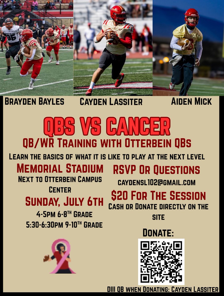 CoachKennedy6_'s tweet image. Awesome opportunity to be coached by current Otterbein QBs! All proceeds donated to charity. #QBsVsCancer