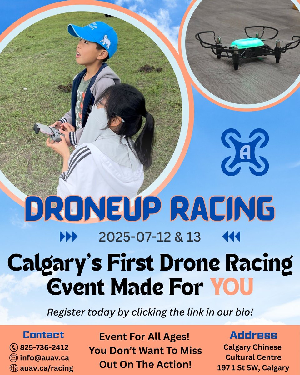 AUAVyyc's tweet image. 🚀 15 days till takeoff! Calgary’s first drone racing event hits July 12–13.
🎯 4 events | 🎮 All levels | 🏆 Prizes
📍Calgary Chinese Cultural Centre
🎟️ Register now → auav.ca/racing
👀 More sneak peeks &amp;amp; BTS coming soon!
#drone #calgaryevent #auav
