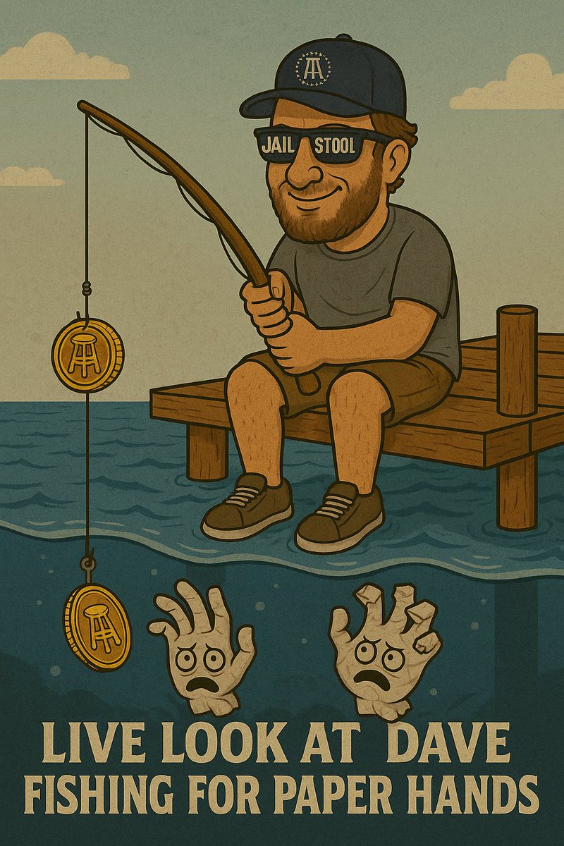 GetJailStool's tweet photo. 🎣 Caught another one trying to sell the dip…
Dave’s out here fishing for paper hands with premium bait 🪑💰
#Jailstool #PaperHandsBeware #HODLLine #DaveKnows #MissPeachesApproved 🐾 https://t.co/a8x66Mp78L