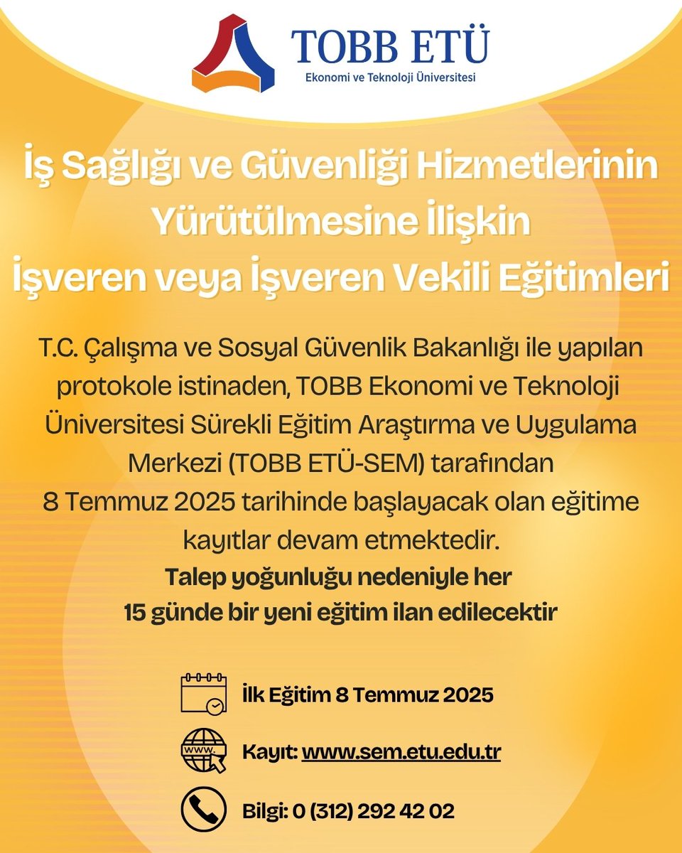 📢 İşveren ve İşveren Vekillerine Özel İSG Eğitimi!

📅 8 Temmuz 2025
💻 Kayıt: sem.etu.edu.tr
📞 Bilgi: 0312 292 42 02

🔁 Talep yoğunluğu nedeniyle her 15 günde bir yeni eğitim planlanmaktadır.