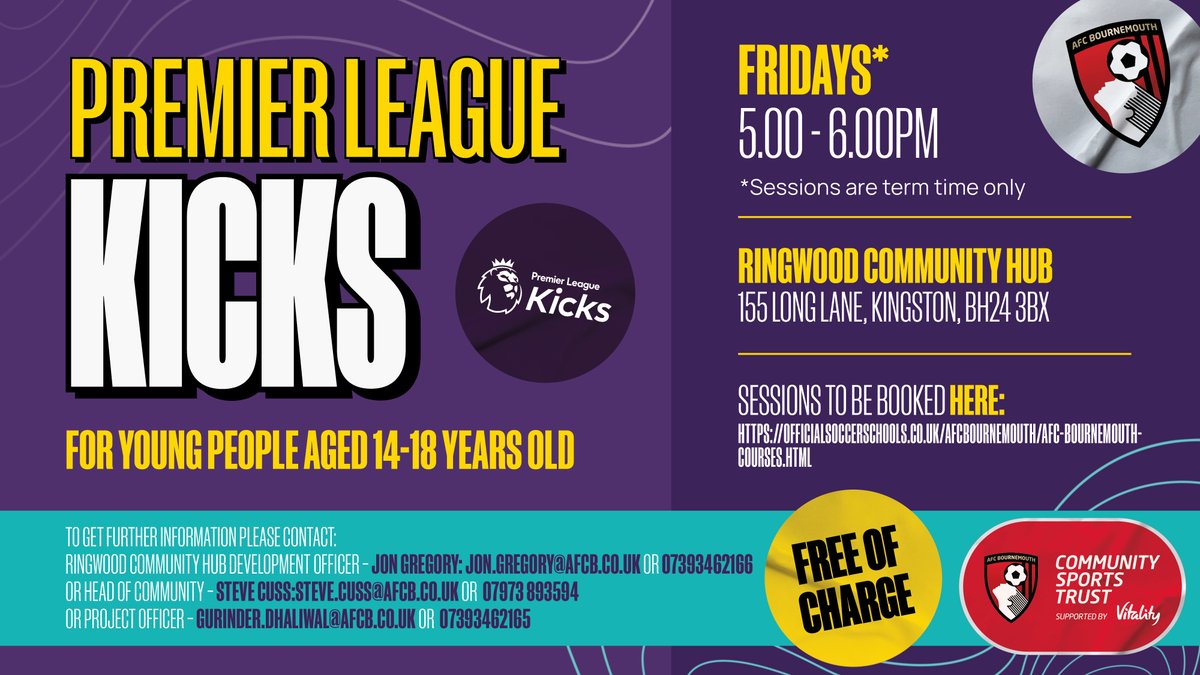 AFCB Community (@afcbcommunity) on Twitter photo FREE football sessions this evening at <a href="/RingwoodHub/">Ringwood Community Hub</a>
For 14-18 year olds
Book here 👉 shorturl.at/v7an5
#PLKicks <a href="/PLCommunities/">Premier League Communities</a> FREE football sessions this evening at <a href="/RingwoodHub/">Ringwood Community Hub</a>
For 14-18 year olds
Book here 👉 shorturl.at/v7an5
#PLKicks <a href="/PLCommunities/">Premier League Communities</a>