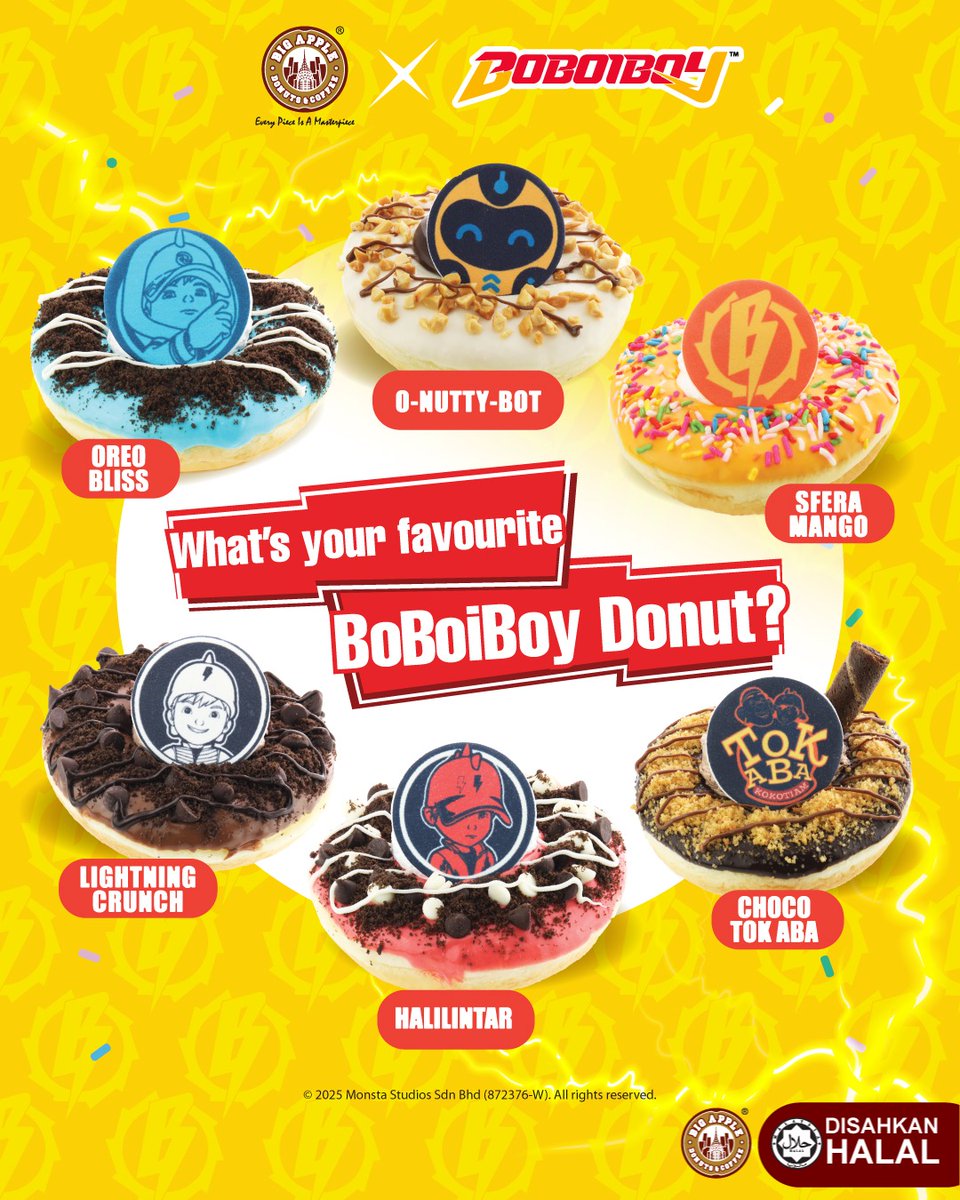 Big Apple Donuts & Coffee (@bigapplednc) on Twitter photo Hey BoBoiBoy fans! ๐ The power-packed donut lineup is HERE โ and we want to knowโฆ ๐ง Whatโs your favourite BoBoiBoy Donut?โก๐ฉ Vote with your heart (or your stomach) in the comments below. ๐ Donโt forget to tag your makan buddy too! ๐ฏโโ๏ธ
#bigappledonuts #bigappledonutscoffee Hey BoBoiBoy fans! ๐ The power-packed donut lineup is HERE โ and we want to knowโฆ ๐ง Whatโs your favourite BoBoiBoy Donut?โก๐ฉ Vote with your heart (or your stomach) in the comments below. ๐ Donโt forget to tag your makan buddy too! ๐ฏโโ๏ธ
#bigappledonuts #bigappledonutscoffee