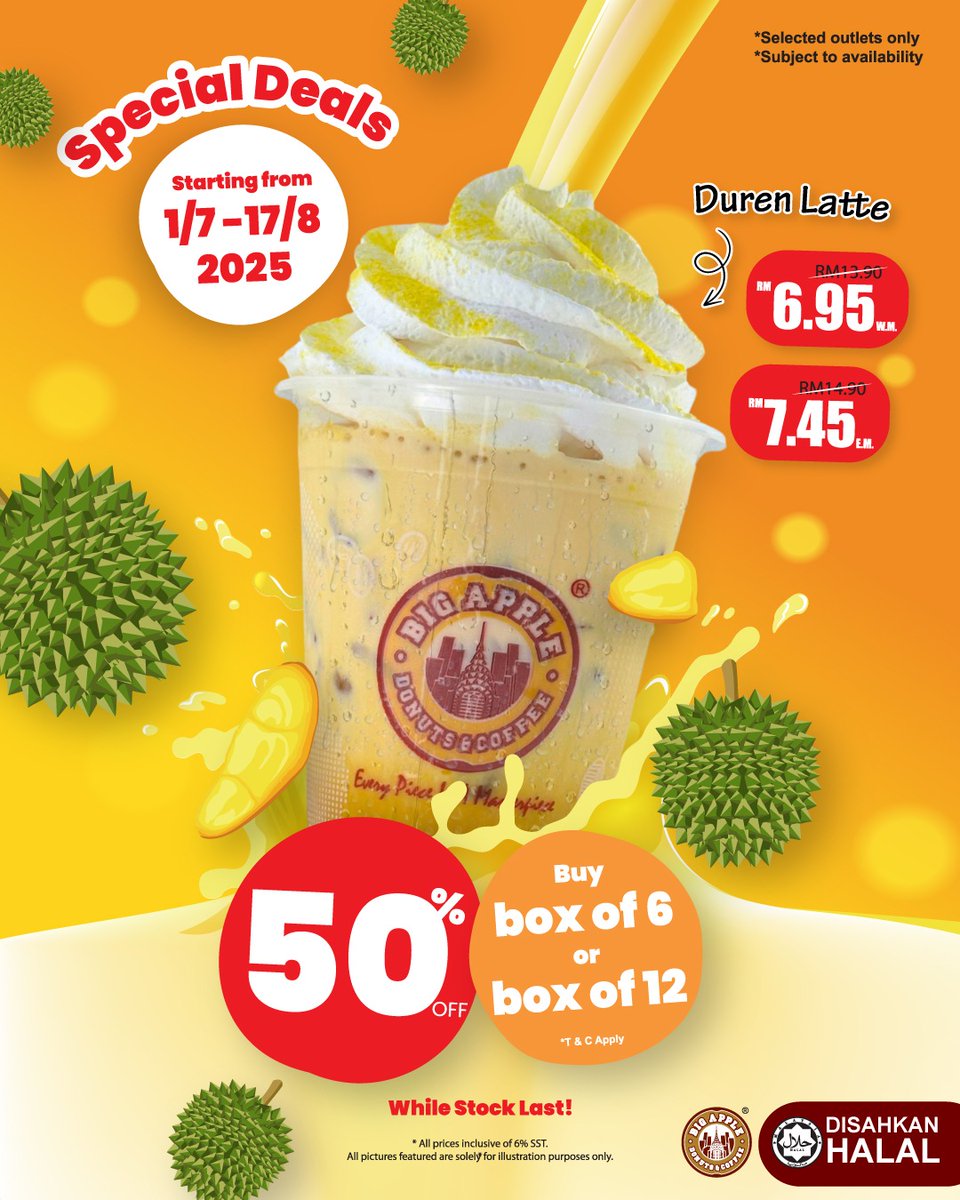 Musim Raja Buah dah sampai gaiss! 👑 Duren Latte separuh harga tuuu! 🤩

Beli Box 6 atau Box 12, terus dapat 50% diskaun untuk Duren Latte! 😍 Tapi kena cepat sikitlah – promosi sampai 17 Ogos ni je taww! ⏳

#bigappledonuts #bigappledonutsmalaysia #DurenLatte