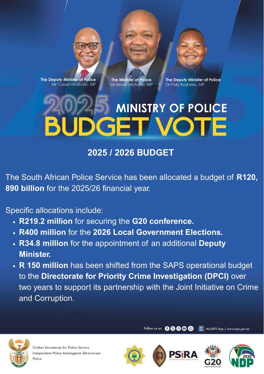 #PoliceMinistry [BUDGET VOTE 2025/2026] The budget allocated to the South African Police Service will be spread across our various programmes to support these priorities. 

The #SAPS has been allocated a budget of One Hundred and Twenty Billion Eight Hundred and Ninety Million