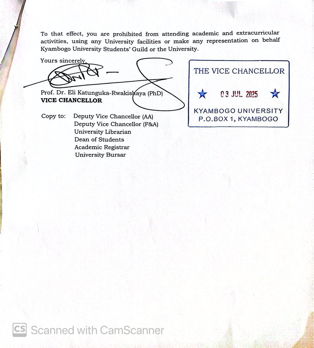 Greetings, comrades in struggle! Earlier today, I received a letter from VC Prof. Eli Katunguka dismissing me from the university. My 'crime' was advocating for students who've completed 70% of their tuition to be allowed to sit exams and for the management to waive off the 50k