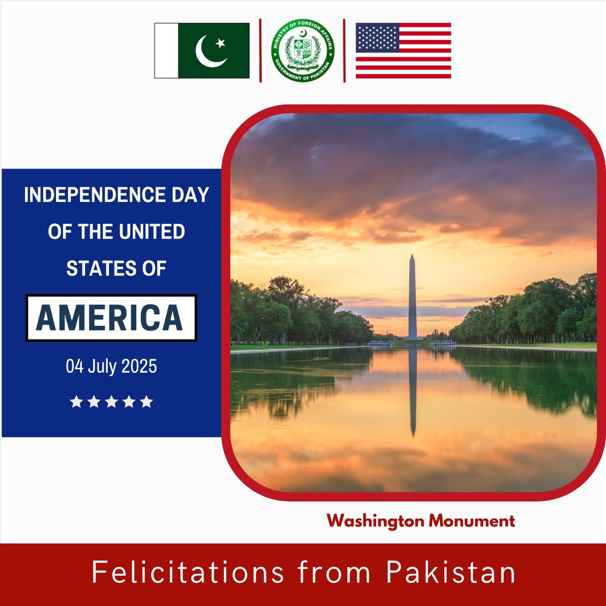 On the occasion of the Independence Day of #UnitedStates, we extend heartfelt felicitations to its Government and people.

<a href="/State_SCA/">State_SCA</a>
<a href="/PakinUSA/">Pakistan Embassy US</a>

🇵🇰🤝🇺🇸