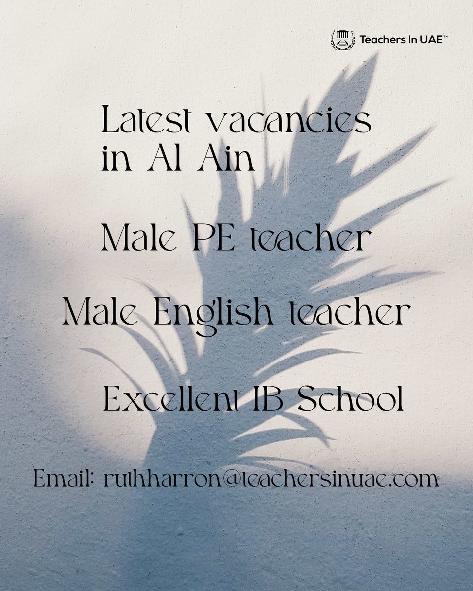 Teachers In UAE (@teachersinuae) on Twitter photo Discover the beauty of Al Ain 🌴☀️⛰️ 🐪
🌴 IB Curriculum School vancancies
🌴 Male Secondary PE Teacher
🌴 Male Secondary English Teacher
🌴 Email: ruthharron@teachersinuae.com Discover the beauty of Al Ain 🌴☀️⛰️ 🐪
🌴 IB Curriculum School vancancies
🌴 Male Secondary PE Teacher
🌴 Male Secondary English Teacher
🌴 Email: ruthharron@teachersinuae.com