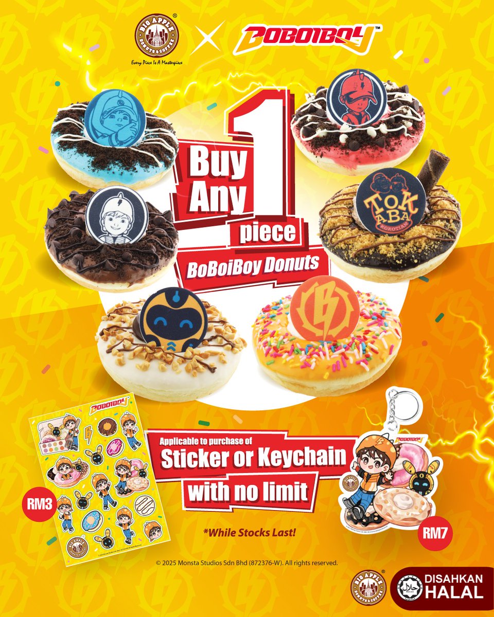 Big Apple Donuts & Coffee (@bigapplednc) on Twitter photo BoBoiBoy fans, have you bought yours yet?! โก๏ธ๐ฅ
Unlock exclusive Stickers or Keychains with any BoBoiBoy donut in your box! ๐ฉโจ
Cute merch + yummy donuts? YES PLEASE! ๐
Run, donโt walk โ head to your nearest Big Apple outlet now! ๐โโ๏ธ๐จ
#bigappledonuts #bigappledonutscoffee BoBoiBoy fans, have you bought yours yet?! โก๏ธ๐ฅ
Unlock exclusive Stickers or Keychains with any BoBoiBoy donut in your box! ๐ฉโจ
Cute merch + yummy donuts? YES PLEASE! ๐
Run, donโt walk โ head to your nearest Big Apple outlet now! ๐โโ๏ธ๐จ
#bigappledonuts #bigappledonutscoffee