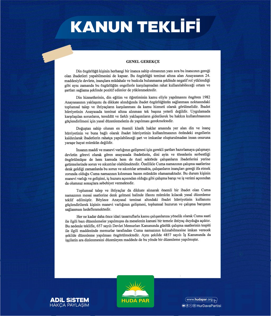 HurDavaPartisi's tweet photo. Cuma saatinde çalışanların izinli sayılması hakkındaki kanun teklifimiz Meclis'e sunuldu.

Teklifinin yasalaşması halinde hem kamu çalışanları hem özel sektör çalışanları cuma saatinde izinli sayılacak.

Cumamız mübarek olsun! https://t.co/BmstmHdmGW