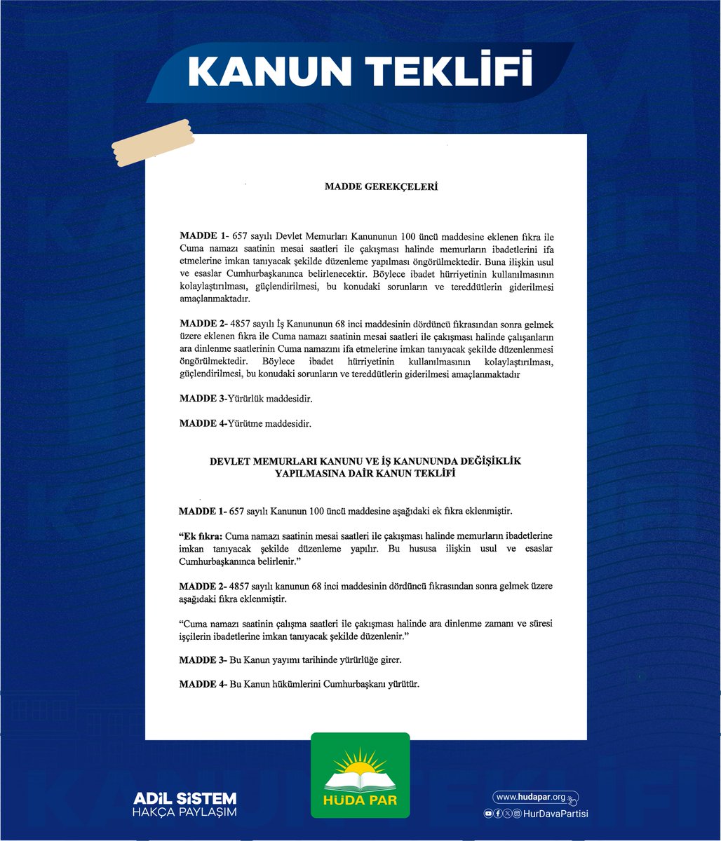 Cuma saatinde çalışanların izinli sayılması hakkındaki kanun teklifimiz Meclis'e sunuldu.

Teklifinin yasalaşması halinde hem kamu çalışanları hem özel sektör çalışanları cuma saatinde izinli sayılacak.

Cumamız mübarek olsun!