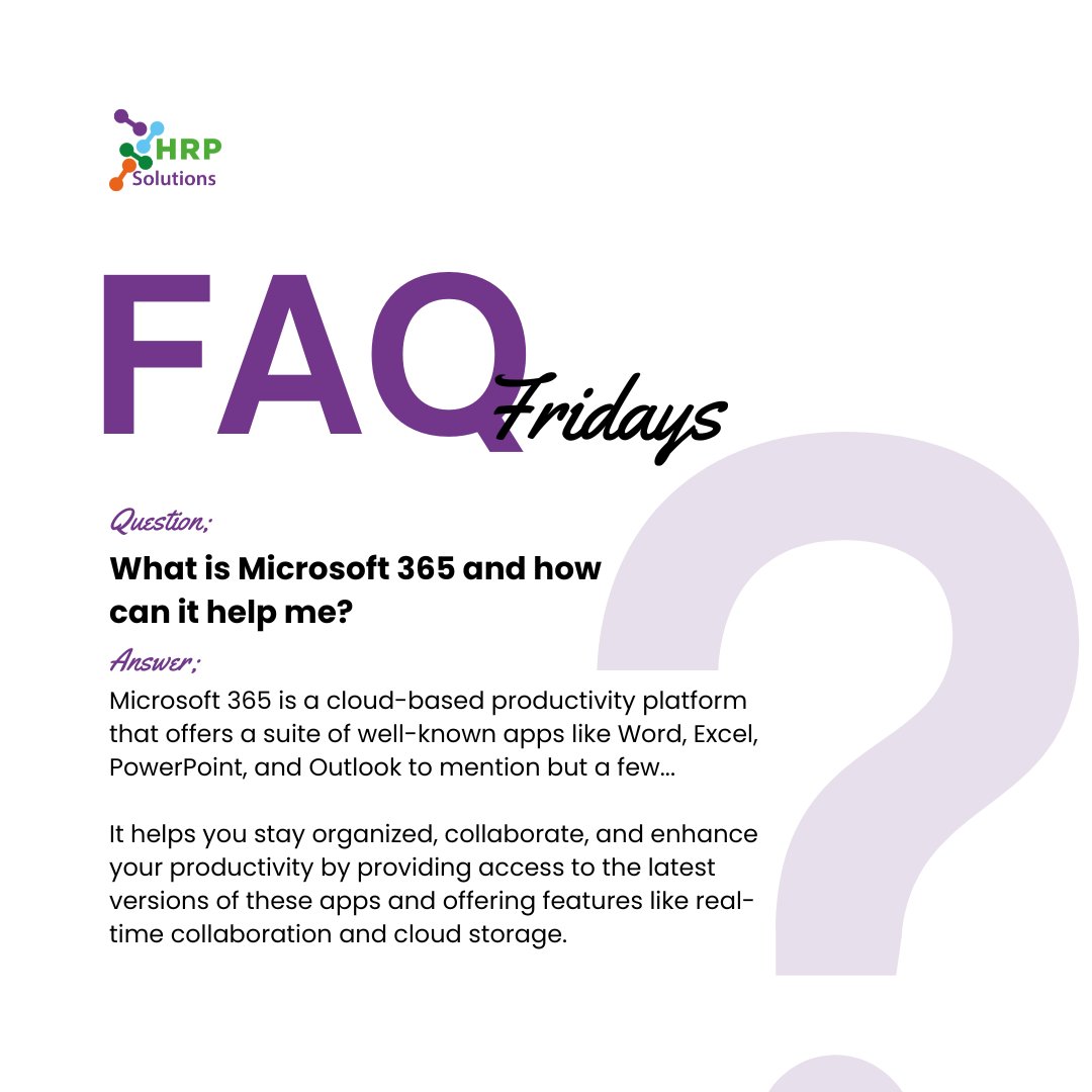 hrpsolutions's tweet image. It&apos;s time for another FAQ Friday!
 
This week, we&apos;re breaking down Microsoft 365: what it is, and why it&apos;s more than just Word and Excel.

 Find out how it can streamline your workflow and boost productivity.

#FAQFridays #hrpsolutions #microsoft365