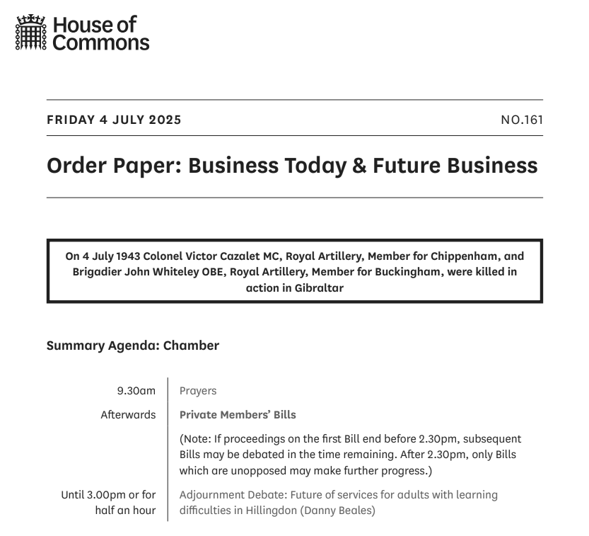 The House of Commons sits from 9.30am today.

The #OrderPaper is published each sitting day and lists the business of the House.