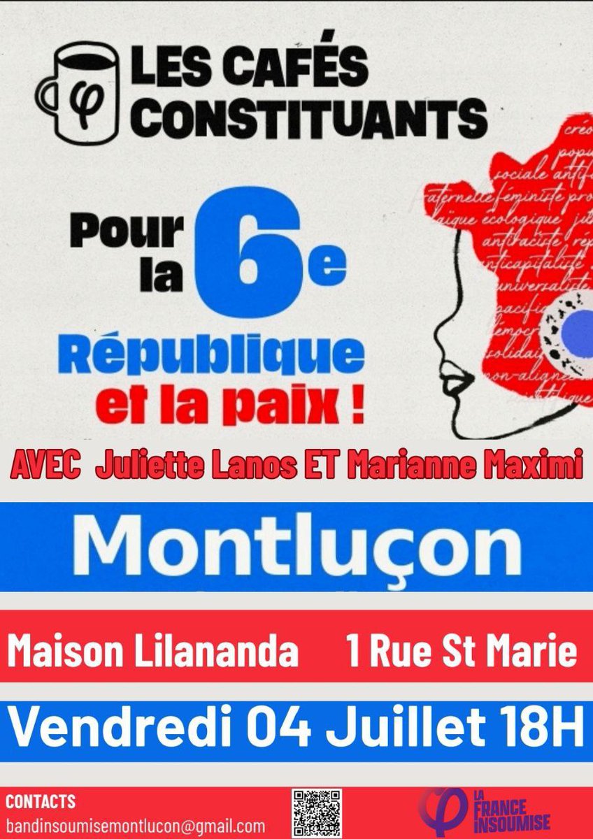 Face à la situation politique actuelle, avec la macronie qui nous envoie droit dans le mur - soutenue par le RN - retrouvons-nous et discutons de 6ème république.

Il nous faut un changement politique radical, qui passera par une assemblée constituante !

À ce soir !