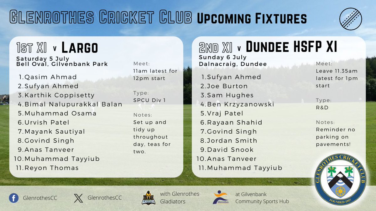 👀 UPCOMING FIXTURES

1️⃣ v Largo, SPCU Division 1 (H) Saturday
2️⃣ v Dundee HSFP XI, R&amp;D test game (A) Sunday

Here's hoping the rain stays away!

⭐️ FUN | ENJOYMENT | RESPECT