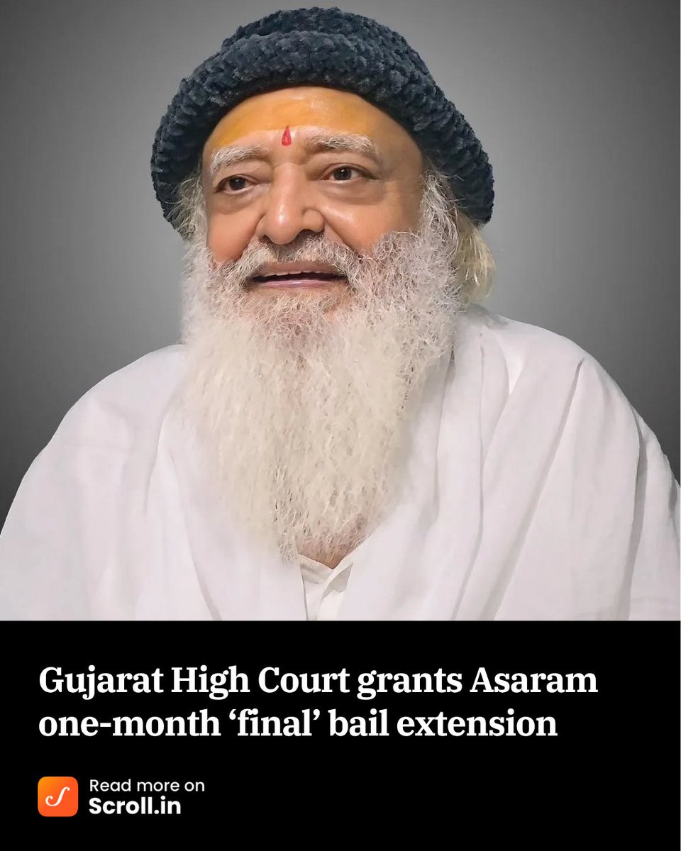 scroll_in's tweet image. The division bench rejected #Asaram's lawyer’s request for a three-month extension, instead allowing 30 additional days. This follows the court’s earlier interim extension granted on June 30, which was valid until July 7.

Read more: scroll.in/latest/1084180…