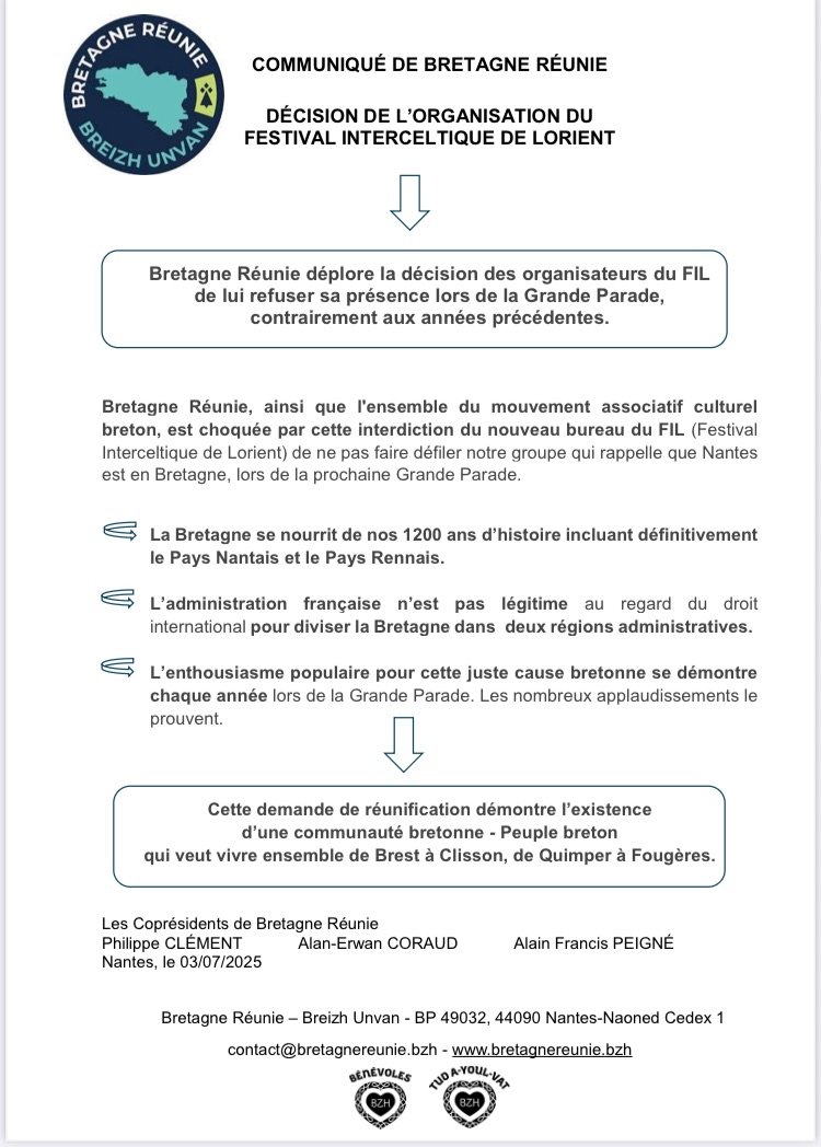 ⚠️
BRETAGNE RÉUNIE DÉPLORE LA DÉCISION DES ORGANISATEURS DU FIL :

↪️DE LUI REFUSER SA PRÉSENCE LORS DE LA GRANDE PARADE, CONTRAIREMENT AUX ANNÉES PRÉCÉDENTES !

ouest-france.fr/festivals/inte…