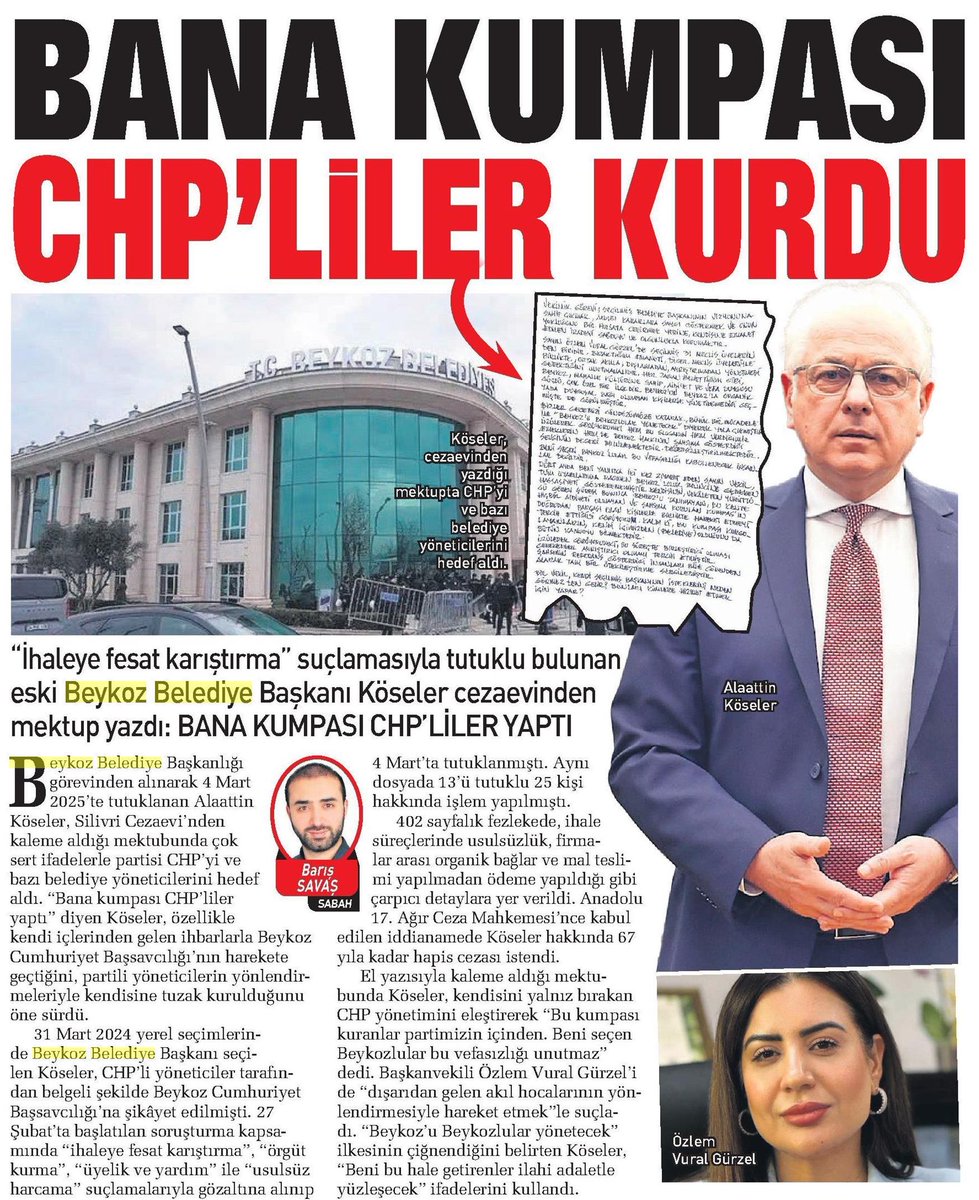 Beykoz'un tutuklu Belediye Başkanı Alaattin Köseler'in mektubu çok önemli. Bakalım <a href="/ozlemvgurzel/">Özlem Vural Gürzel</a> ne yapacak, görmezlikten mi gelecek. 

Alaattin Köseler diyor ki: "BANA KUMPASI CHP'LİLER YAPTI"

📝 <a href="/EnesBars/">Barış Savaş</a>