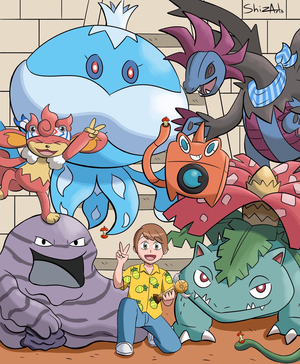 shiz_arts's tweet photo. El equipo que rompió la maldición y se alzó por encima de Teselia como una ráfaga  @FolagoR 

Esta vez quise hacer un homenaje a aquella foto de Ash y sus Pokémon cuando se coronaron campeones de la liga Naranja (por lo que sea) https://t.co/Idoj4GN5T6