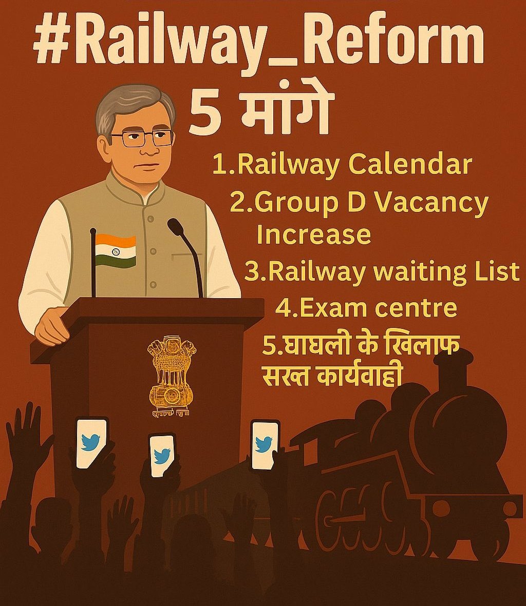 सरकार को तत्काल छात्रों की ये 5 मांगे माननी चाहिए।

1️⃣ Railway Calendar जारी हो।
2️⃣ Group D Vacancy बढ़ाई जाए।
3️⃣ Waiting List घोषित हो।
4️⃣ Exam Centre पास में दिया जाए।
5️⃣ धांधली पर सख़्त कार्रवाई हो। 
#Railway_Reform